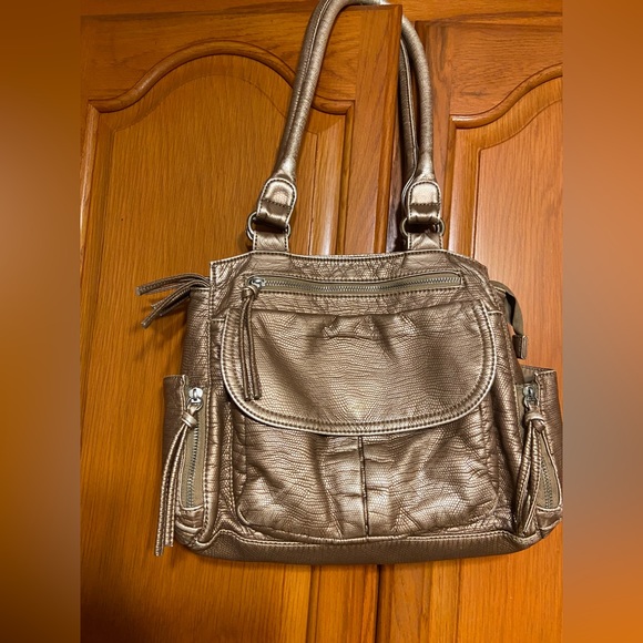 Bueno bronze metallic handbag with 10 pockets & 9 zippers & 8 long zipper pulls - Picture 1 of 16